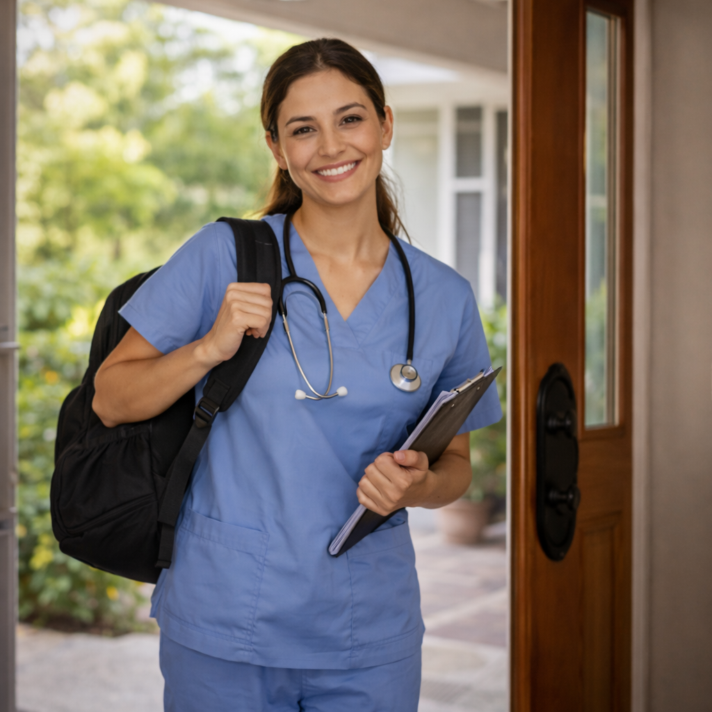 Profissional de saúde chegando à casa com bolsa e prancheta, pronta para oferecer atendimento domiciliar com acolhimento e agilidade.