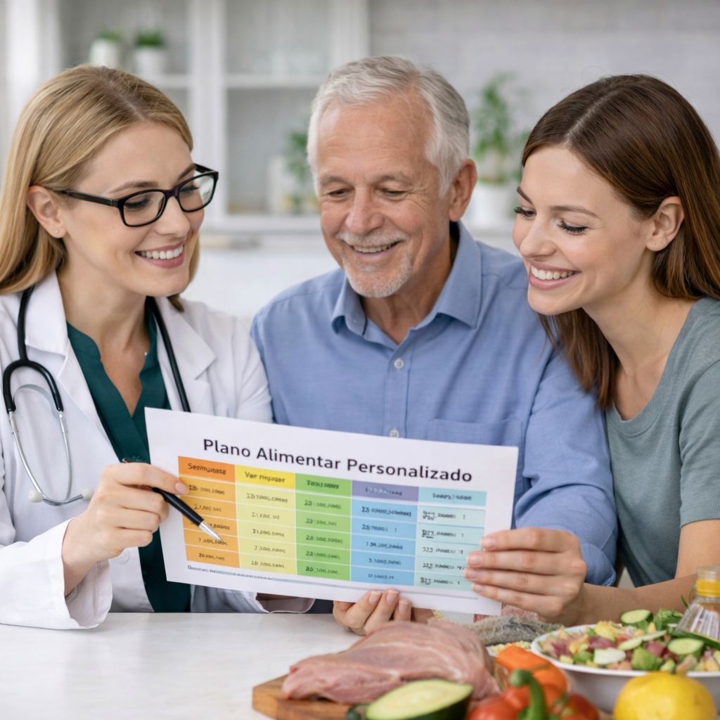 Nutricionista orientando uma paciente idosa e uma familiar com plano alimentar em ambiente acolhedor.