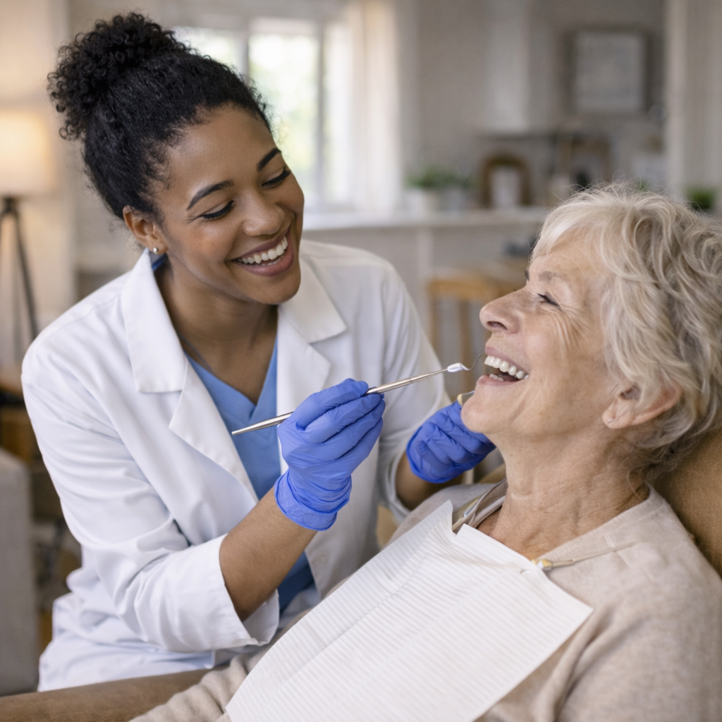 Dentista atendendo um paciente idoso em casa, com expressão acolhedora e ambiente domiciliar confortável.