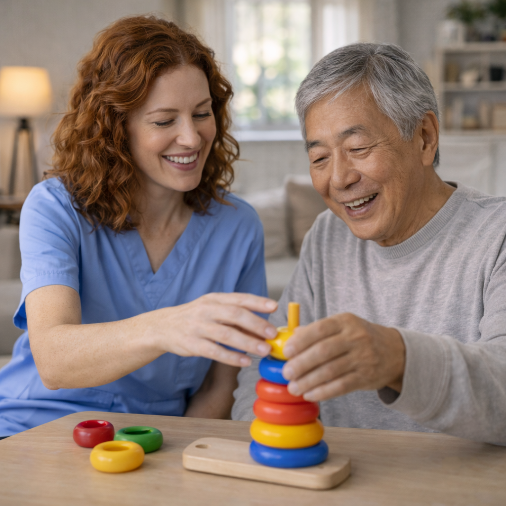 Terapeuta ocupacional ruiva auxiliando um paciente japonês em atividade funcional simples, em ambiente domiciliar claro e acolhedor.