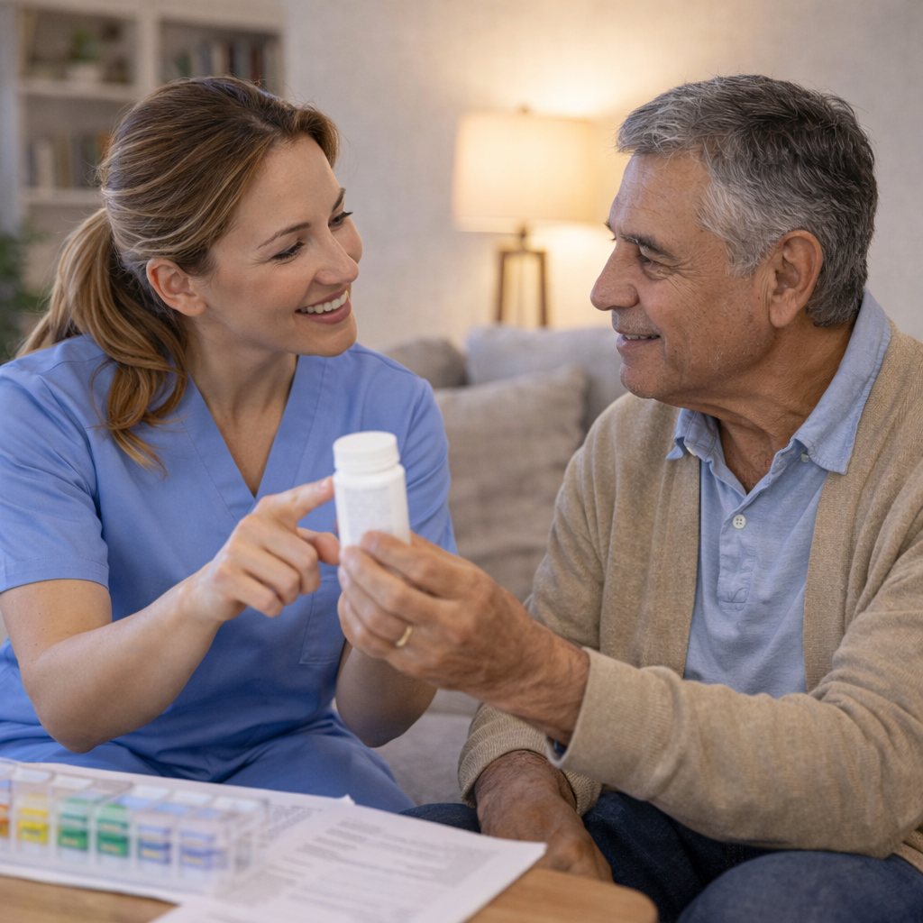 Profissional de saúde orientando um paciente sobre medicação em ambiente residencial, com interação acolhedora e explicação próxima.